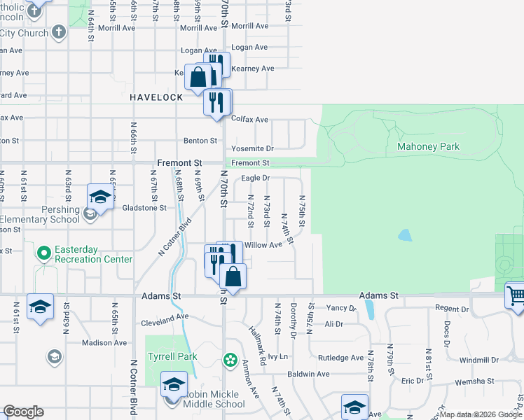 map of restaurants, bars, coffee shops, grocery stores, and more near 3401 North 73rd Street in Lincoln
