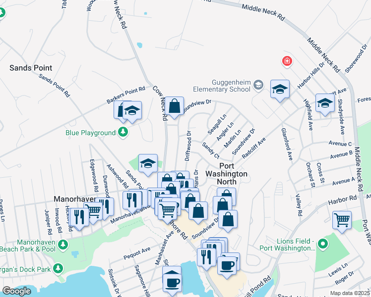 map of restaurants, bars, coffee shops, grocery stores, and more near 33 Driftwood Drive in Port Washington