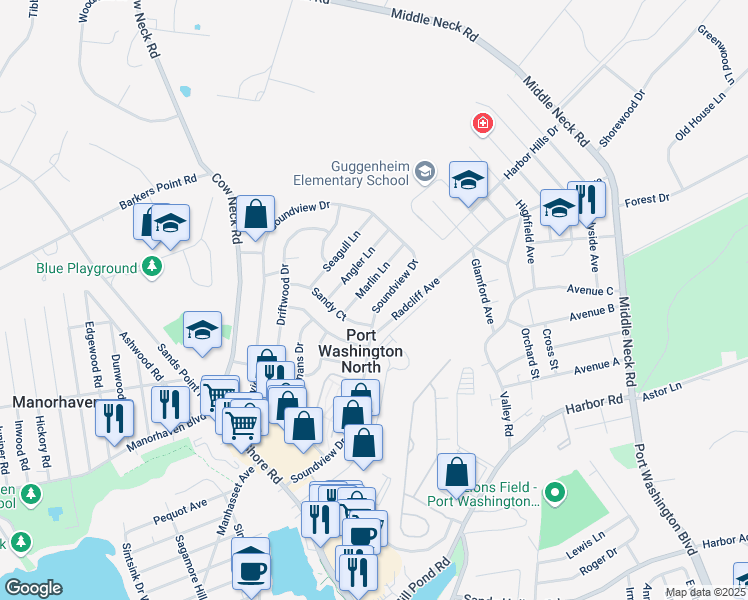 map of restaurants, bars, coffee shops, grocery stores, and more near 152 Soundview Drive in Port Washington