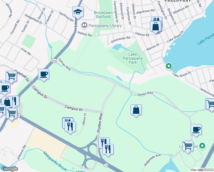 map of restaurants, bars, coffee shops, grocery stores, and more near 1 Sylvan Way in Parsippany-Troy Hills