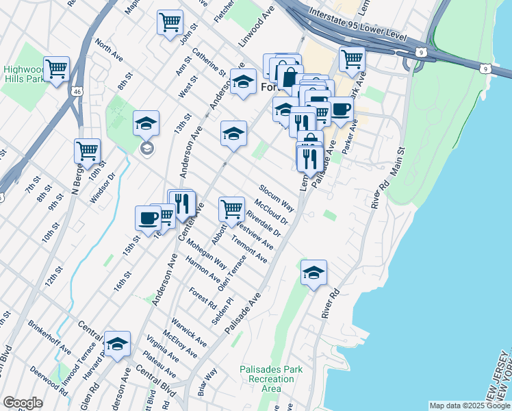 map of restaurants, bars, coffee shops, grocery stores, and more near 258 McCloud Drive in Fort Lee