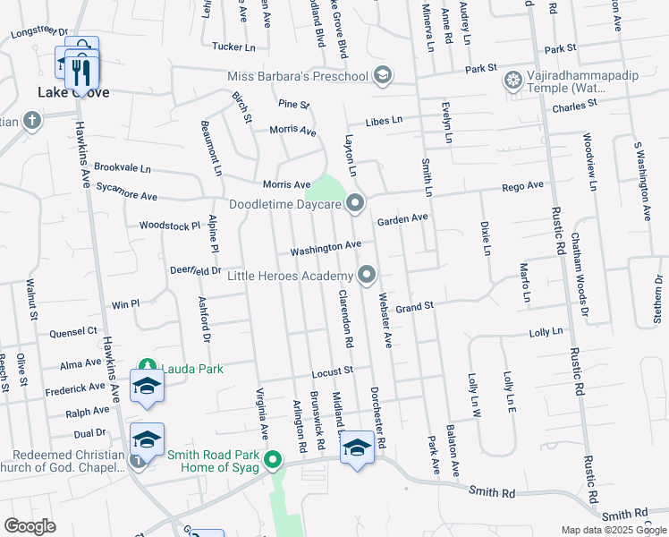 map of restaurants, bars, coffee shops, grocery stores, and more near 94 Clarendon Road in Lake Ronkonkoma