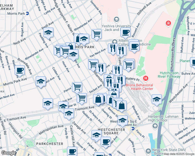 map of restaurants, bars, coffee shops, grocery stores, and more near 1569 Williamsbridge Road in Bronx