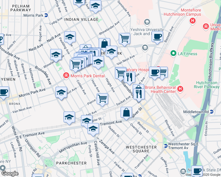 map of restaurants, bars, coffee shops, grocery stores, and more near 1089 Pierce Avenue in The Bronx