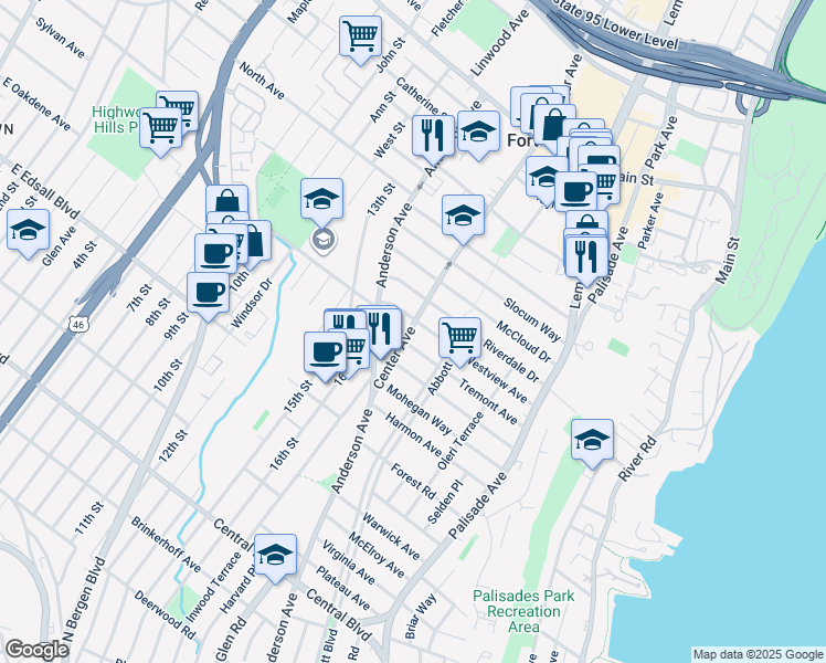 map of restaurants, bars, coffee shops, grocery stores, and more near 1452 Center Avenue in Fort Lee