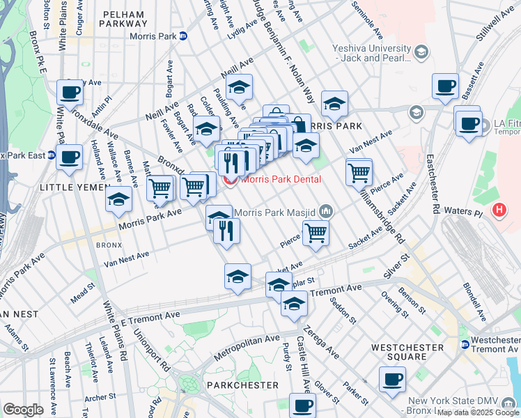map of restaurants, bars, coffee shops, grocery stores, and more near 994 Van Nest Avenue in The Bronx