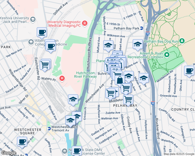 map of restaurants, bars, coffee shops, grocery stores, and more near 1730 Mulford Avenue in Bronx