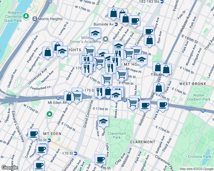 map of restaurants, bars, coffee shops, grocery stores, and more near 1760-1798 Morris Avenue in Bronx