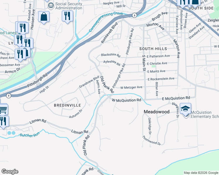 map of restaurants, bars, coffee shops, grocery stores, and more near 49 Old Plank Road in Butler