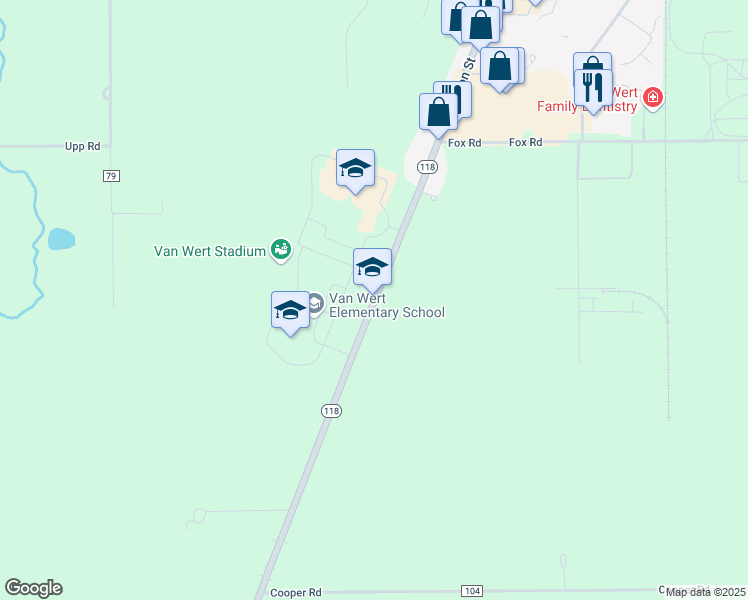 map of restaurants, bars, coffee shops, grocery stores, and more near 10708 Ohio 118 in Van Wert