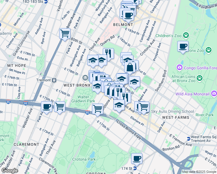 map of restaurants, bars, coffee shops, grocery stores, and more near 1980 Hughes Avenue in Bronx