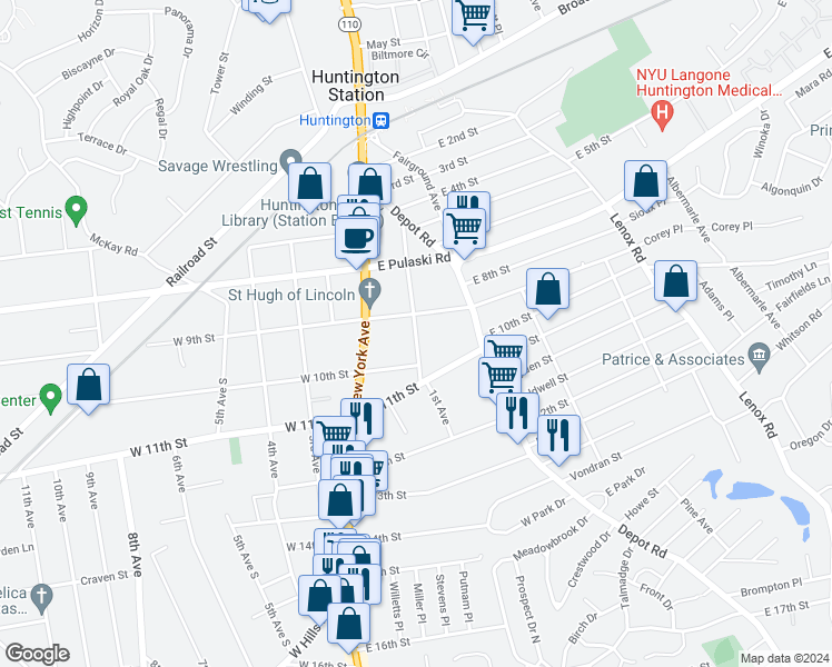 map of restaurants, bars, coffee shops, grocery stores, and more near 1st Avenue in Huntington Station