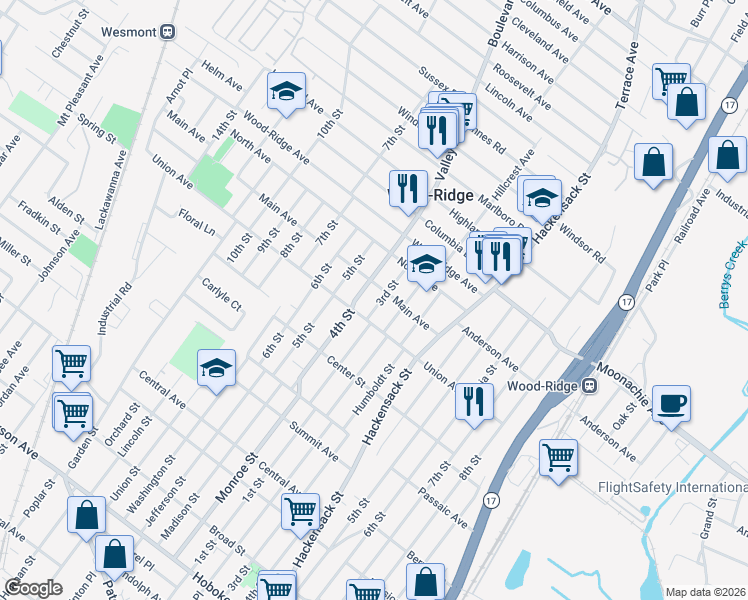 map of restaurants, bars, coffee shops, grocery stores, and more near 115 3rd Street in Wood-Ridge