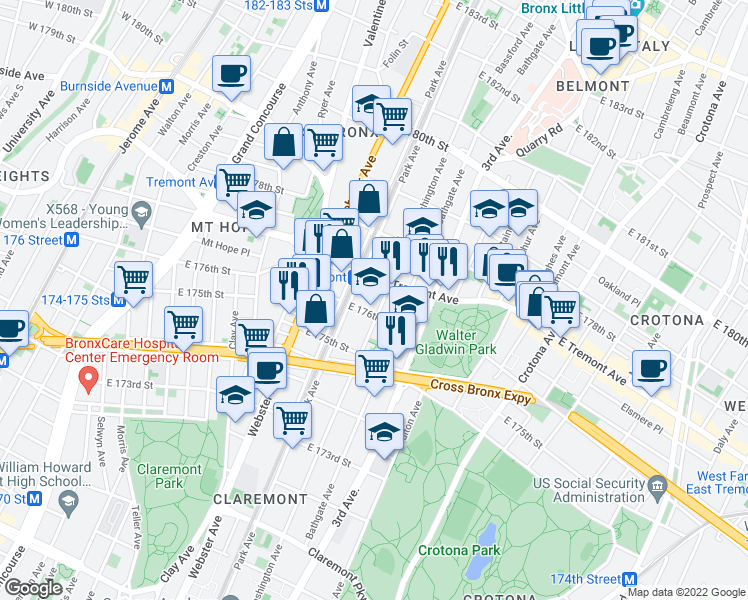 map of restaurants, bars, coffee shops, grocery stores, and more near 1883 Washington Avenue in Bronx