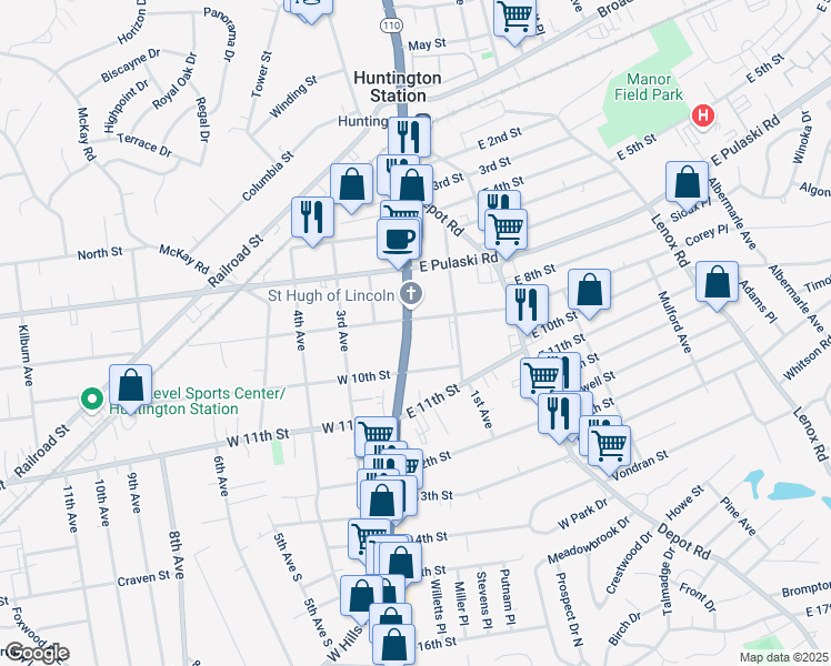 map of restaurants, bars, coffee shops, grocery stores, and more near in Huntington Station