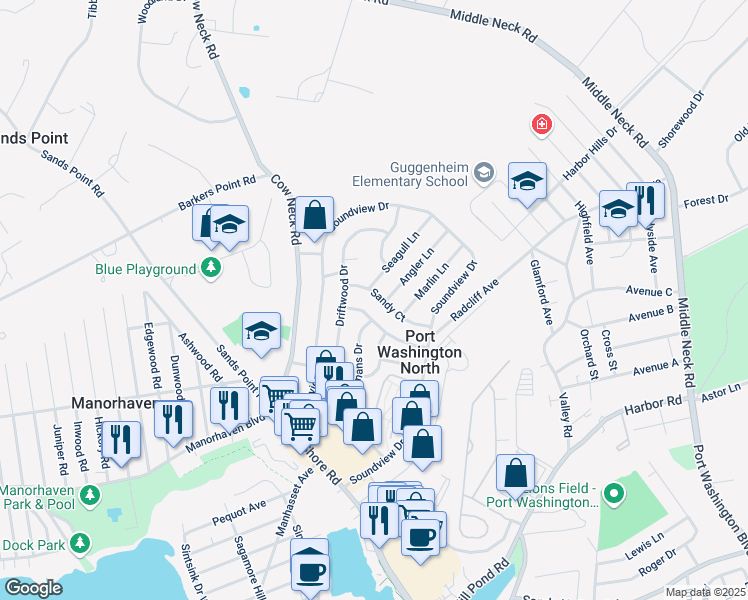 map of restaurants, bars, coffee shops, grocery stores, and more near 10 Sandy Court in Port Washington
