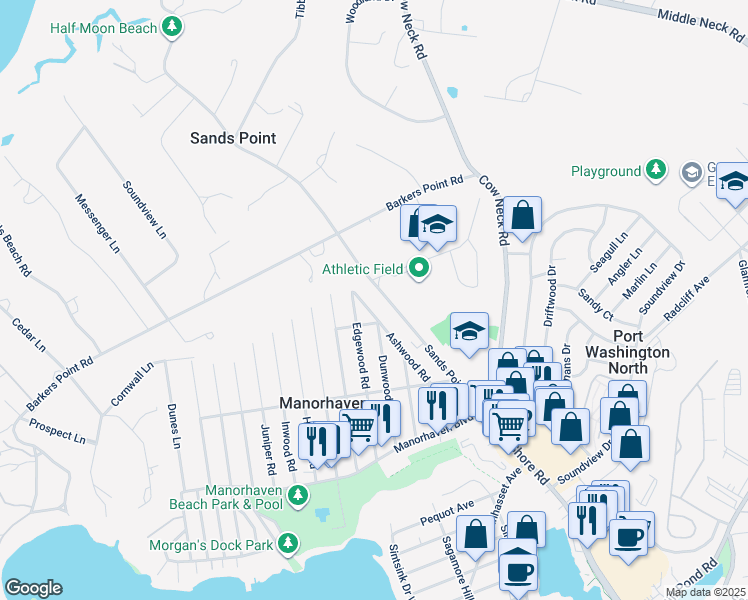 map of restaurants, bars, coffee shops, grocery stores, and more near 78 Ashwood Road in Port Washington