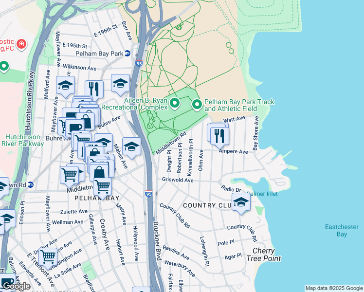 map of restaurants, bars, coffee shops, grocery stores, and more near 3169 Ampere Avenue in The Bronx