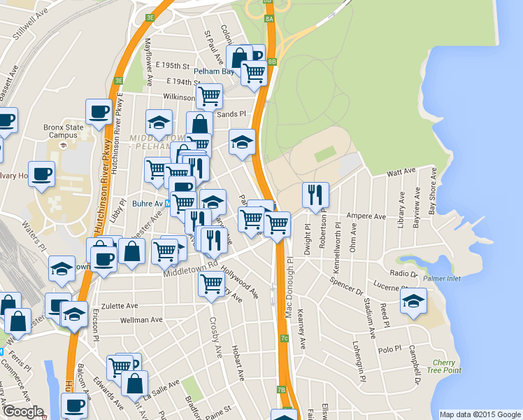 map of restaurants, bars, coffee shops, grocery stores, and more near 3439 Bruckner Boulevard in Bronx