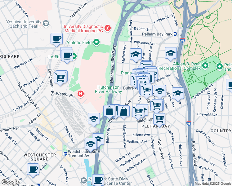 map of restaurants, bars, coffee shops, grocery stores, and more near in The Bronx