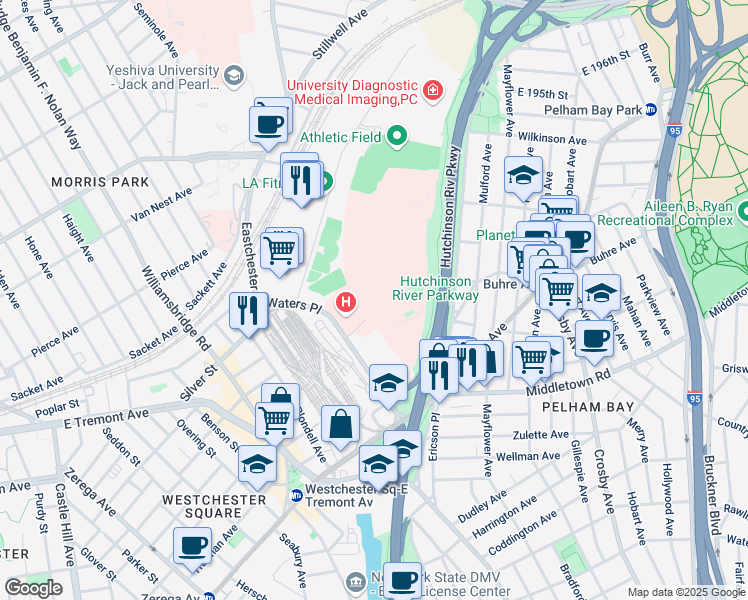 map of restaurants, bars, coffee shops, grocery stores, and more near in The Bronx