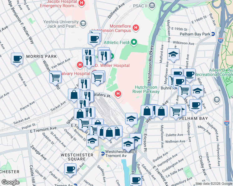 map of restaurants, bars, coffee shops, grocery stores, and more near in The Bronx