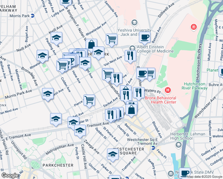 map of restaurants, bars, coffee shops, grocery stores, and more near 1590 Tomlinson Avenue in Bronx