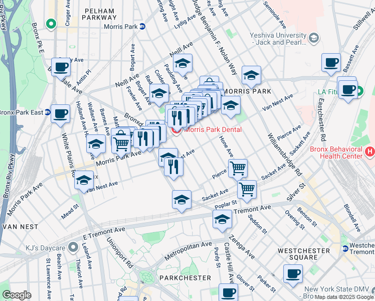 map of restaurants, bars, coffee shops, grocery stores, and more near 1708 Bogart Avenue in Bronx