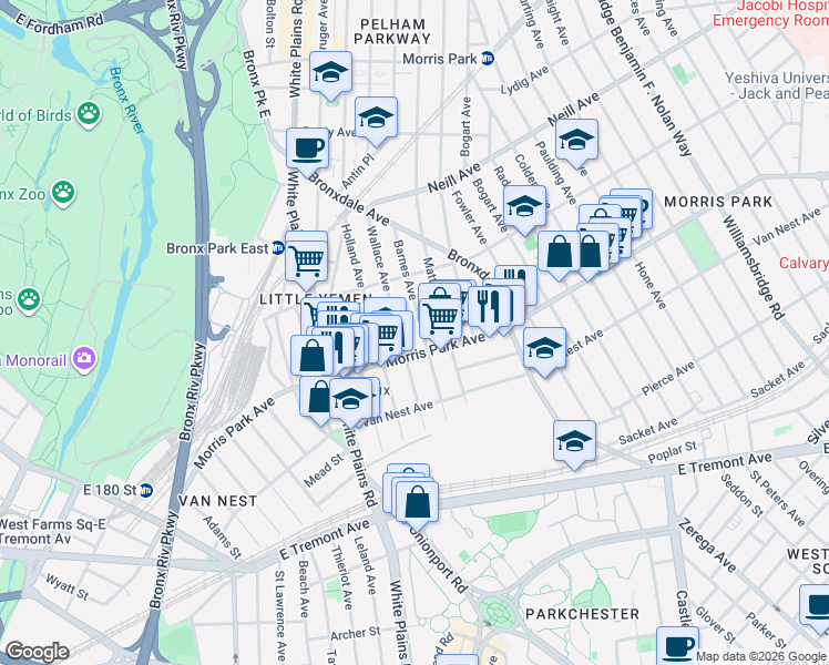 map of restaurants, bars, coffee shops, grocery stores, and more near 1821 Barnes Avenue in The Bronx