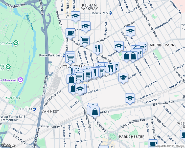 map of restaurants, bars, coffee shops, grocery stores, and more near 1821 Barnes Avenue in The Bronx