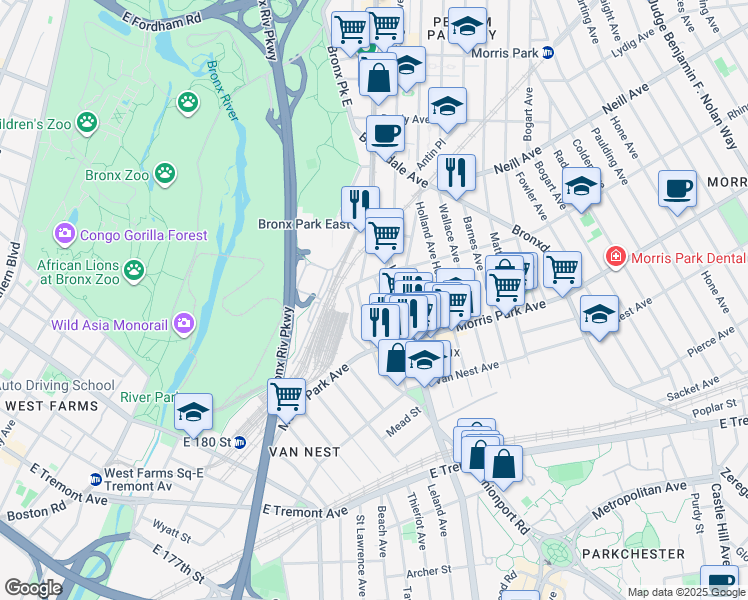 map of restaurants, bars, coffee shops, grocery stores, and more near 1853 Victor Street in The Bronx