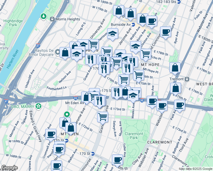 map of restaurants, bars, coffee shops, grocery stores, and more near in The Bronx