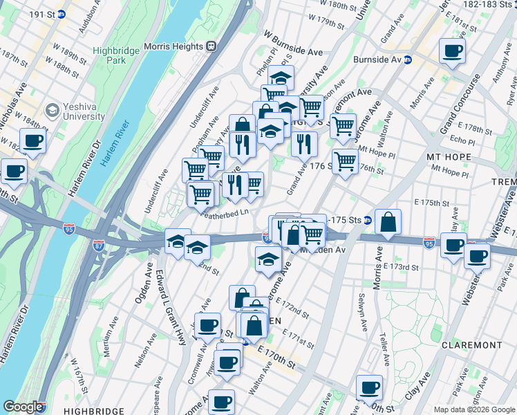 map of restaurants, bars, coffee shops, grocery stores, and more near in The Bronx