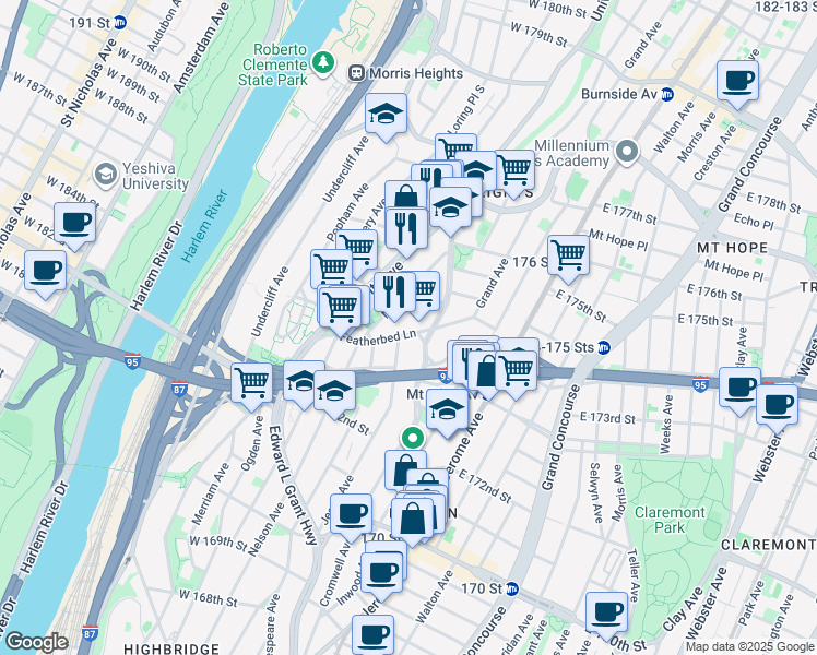 map of restaurants, bars, coffee shops, grocery stores, and more near 107 Featherbed Lane in Bronx