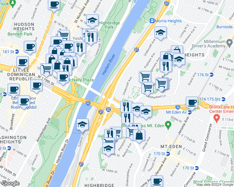 map of restaurants, bars, coffee shops, grocery stores, and more near 1514 Sedgwick Avenue in The Bronx
