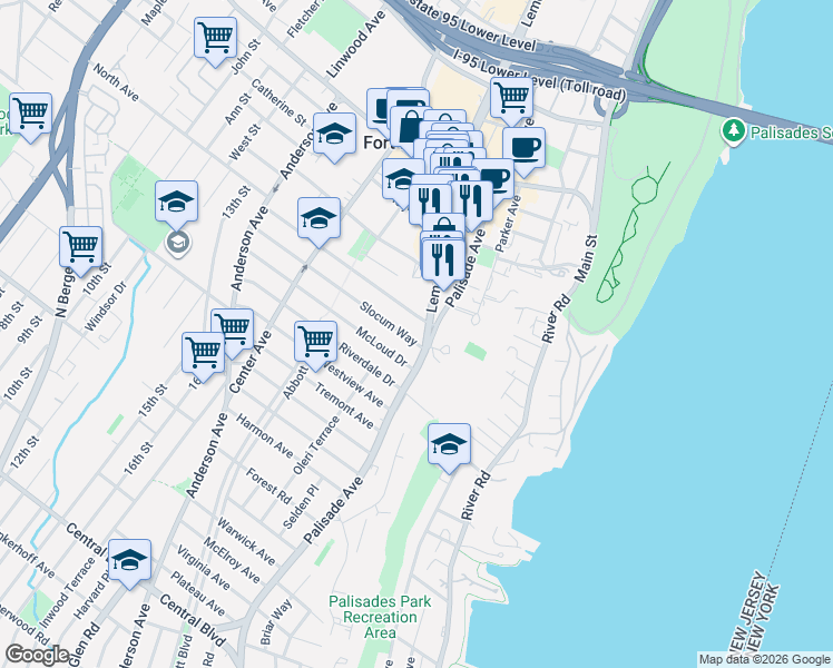 map of restaurants, bars, coffee shops, grocery stores, and more near in Fort Lee