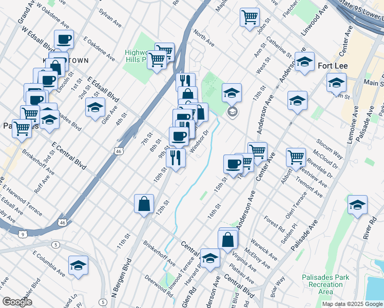 map of restaurants, bars, coffee shops, grocery stores, and more near 342 East Edsall Boulevard in Palisades Park