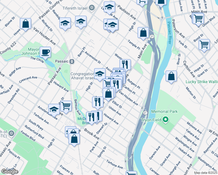 map of restaurants, bars, coffee shops, grocery stores, and more near 139 Van Houten Avenue in Passaic