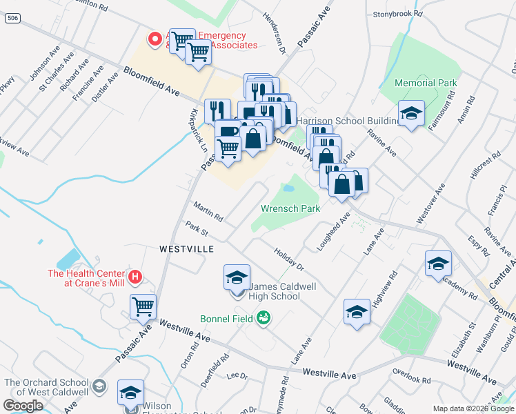 map of restaurants, bars, coffee shops, grocery stores, and more near 15 Aldom Circle in West Caldwell