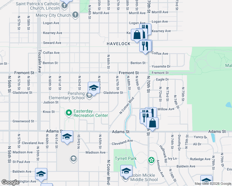 map of restaurants, bars, coffee shops, grocery stores, and more near 3340 North 66th Street in Lincoln