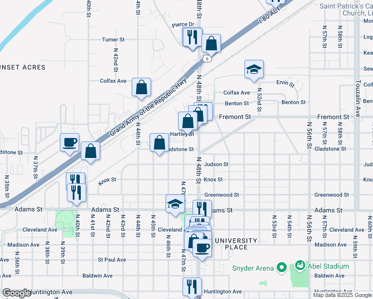 map of restaurants, bars, coffee shops, grocery stores, and more near 4744 Gladstone Street in Lincoln