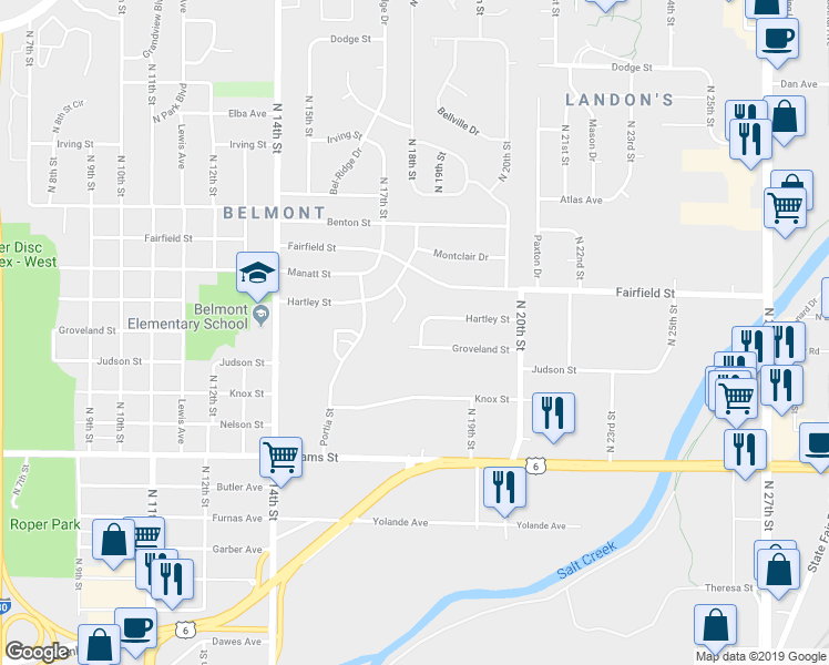 map of restaurants, bars, coffee shops, grocery stores, and more near 1710 Groveland Circle in Lincoln