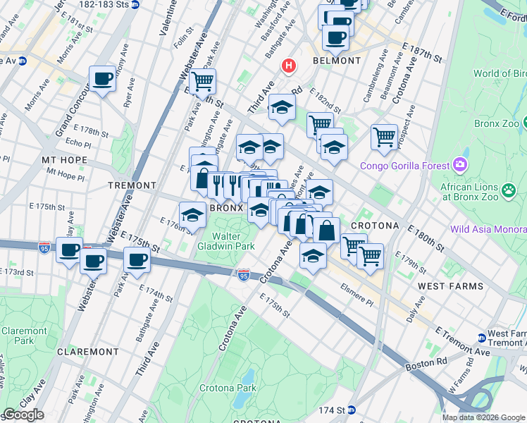 map of restaurants, bars, coffee shops, grocery stores, and more near in The Bronx
