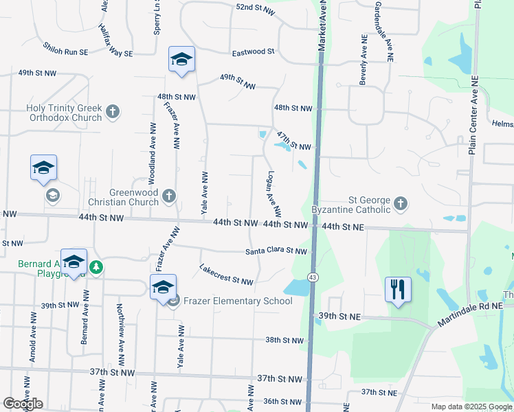 map of restaurants, bars, coffee shops, grocery stores, and more near 4426 Greenmeadow Avenue Northwest in Canton
