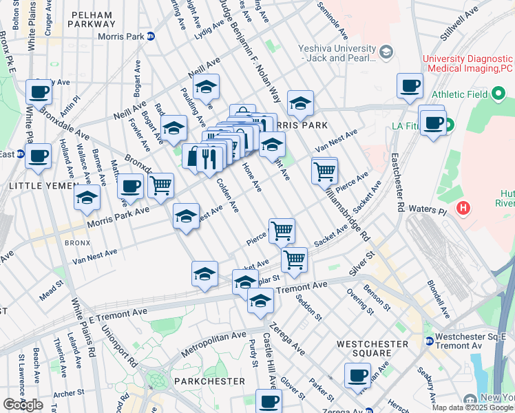 map of restaurants, bars, coffee shops, grocery stores, and more near 1647 Paulding Avenue in Bronx