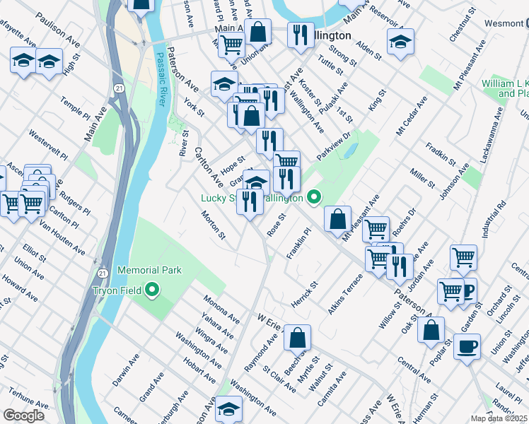 map of restaurants, bars, coffee shops, grocery stores, and more near 37 Wall Street in East Rutherford