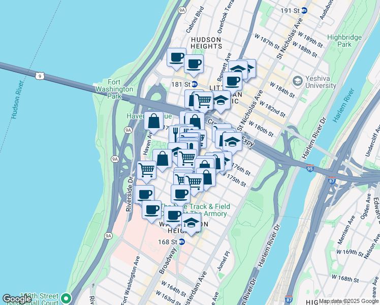 map of restaurants, bars, coffee shops, grocery stores, and more near 701 West 175th Street in New York