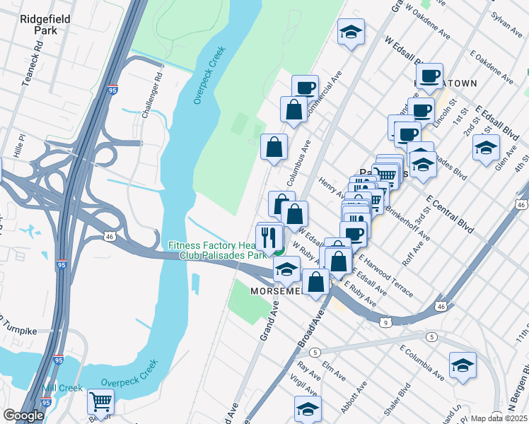 map of restaurants, bars, coffee shops, grocery stores, and more near 141 West Ruby Avenue in Palisades Park