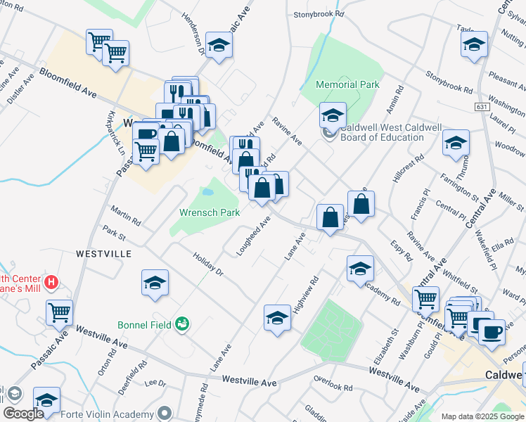 map of restaurants, bars, coffee shops, grocery stores, and more near 10 Melrose Place in West Caldwell