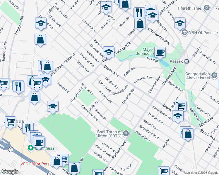 map of restaurants, bars, coffee shops, grocery stores, and more near 22 Laurel Avenue in Clifton
